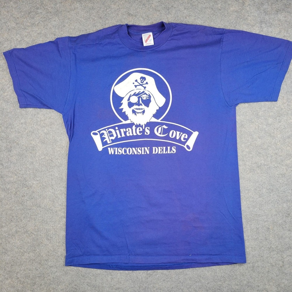 Vintage Jerzees Shirt Mens Large Blue Pirate's Cove Graphic Tee Wisconsin Dells